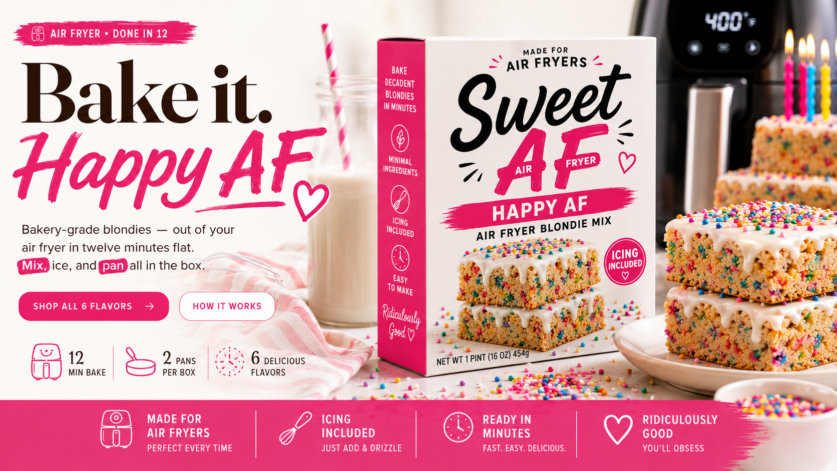 Sweet AF Happy AF air fryer blondie mix — bake ridiculously good in minutes